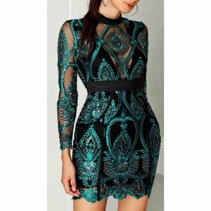 CBR Emerald green sequinned embroidered mesh dress gold detail black cocktail S